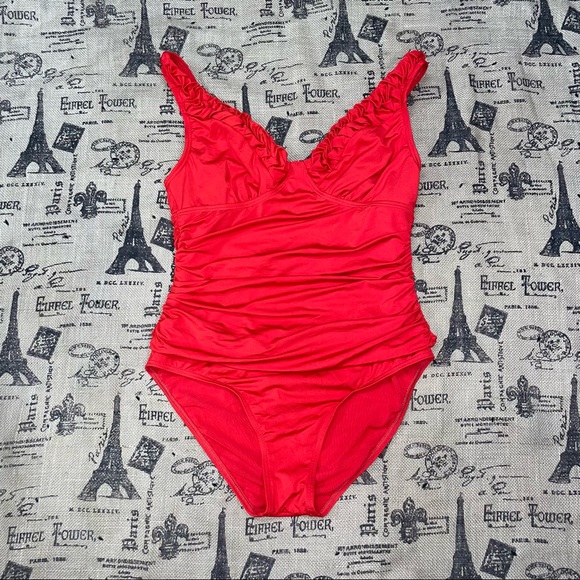 Jantzen Red Ruffle V Neck Swimsuit Size 14 Excellent Condition - Picture 7 of 14
